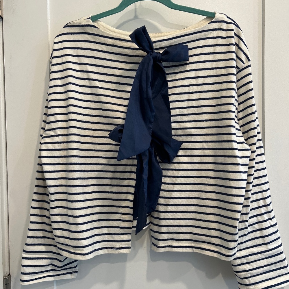 J.Crew blue and white striped boatneck knit top with open ribbon tied back